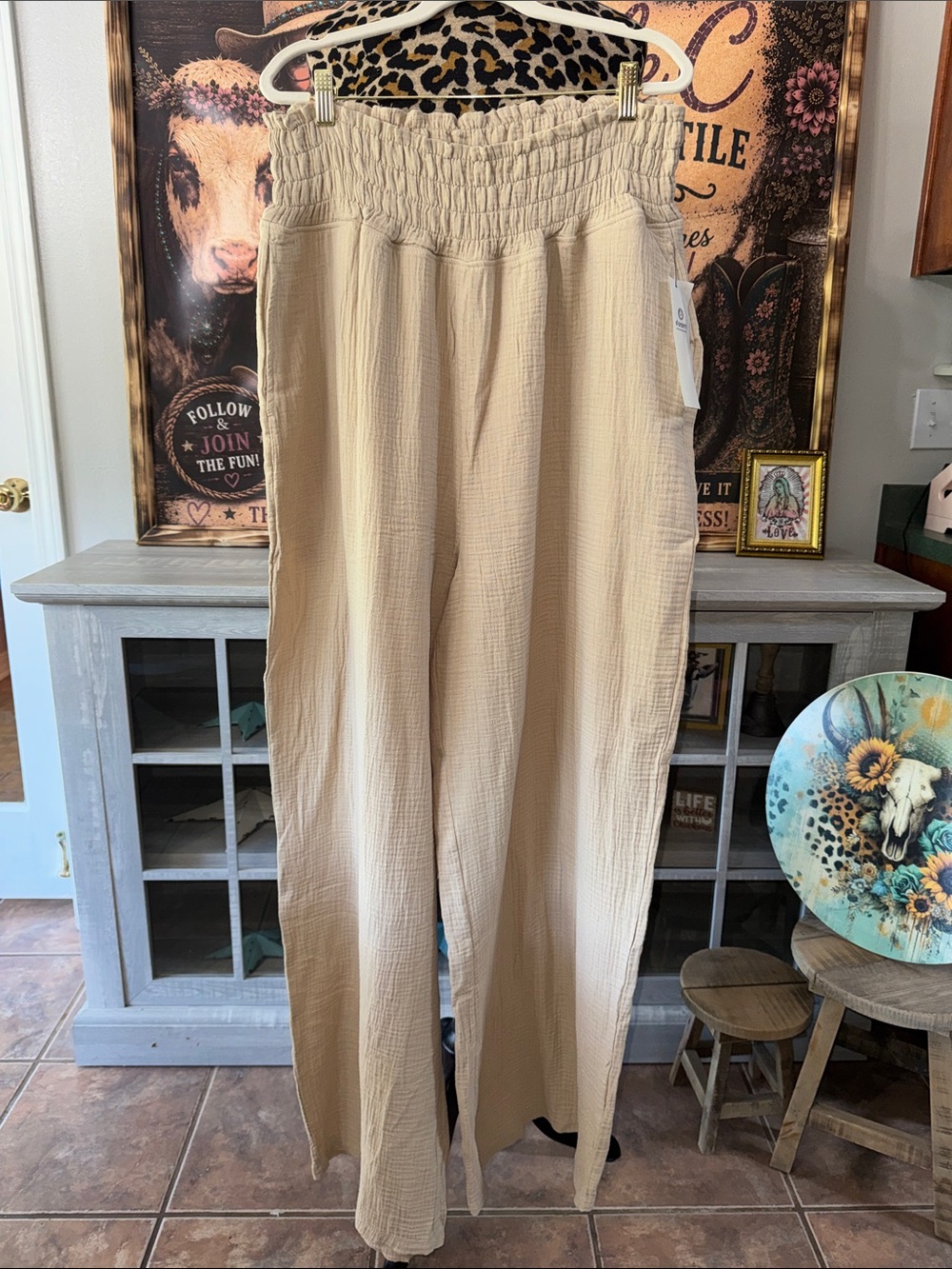 NWT MONO B Size 2XL Women's Khaki Smocked Waist Wide Leg Pant Boho Resort